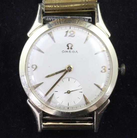 A gentlemans mid 1950s 14ct gold filled Omega manual wind wrist watch,